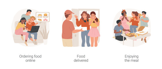 Fototapeta premium Food delivery isolated cartoon vector illustration set. Ordering food online, home party, choose meal on laptop screen, pizza delivery, holding box, enjoying eating home together vector cartoon.