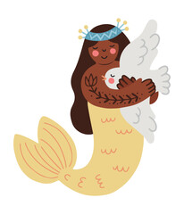 Hand drawn cute folk mermaid hugging a seagull, isolated vector illustration in flat style