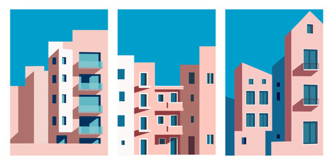 Real estate, facades of residential buildings. Vertical orientation. Flat illustrations, urban background. Vector set for covers, prints, banners