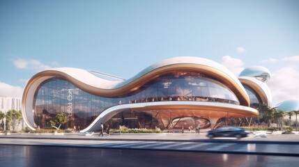 Visualize the design concept of a futuristic shopping mall exterior, emphasizing innovative architectural designs, modern technology, and advanced aesthetics. An AI creation