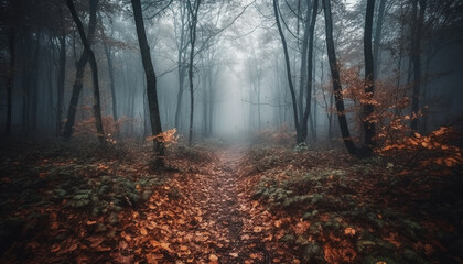 Mysterious forest path, spooky beauty in nature generated by AI