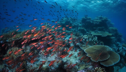 Fototapeta na wymiar Multi colored school of fish swim in reef generated by AI