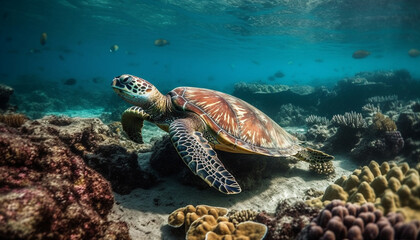 Obraz na płótnie Canvas Sea turtle swims in colorful coral reef generated by AI