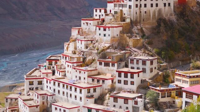 Closeup shot of Key Monastery in front of the Spiti River near Kaza in Spiti valley, Himachal Pradesh, India. Old buddhist monastery in front of the river spiti in India. Buddhist monastery in Spiti.