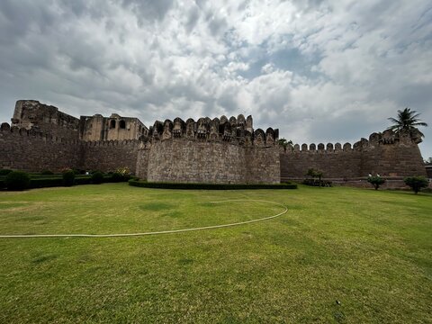 Majestic front Walls of Golconda Fort from Hyderabad, India