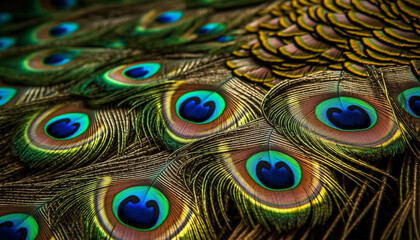 Obraz premium Majestic peacock displays vibrant iridescent feather pattern generated by AI