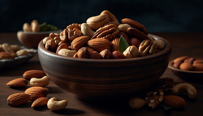 Healthy nuts in a rustic wooden bowl generated by AI - obrazy, fototapety, plakaty