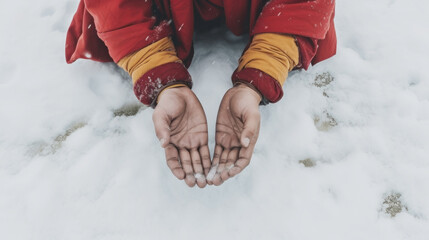 Male hands of a Tibetan monk in a red yellow cassock on the snow top view. Religion of asia, tibet, thailand, china. Meditation, monk prayer in nature, comprehend zen buddhism. AI Generative Content.