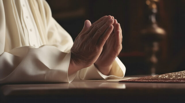The hands of the old priest are folded in prayer to God. Faceless man says a prayer in a church, meditates and worships god in his faith. AI Generative Content.