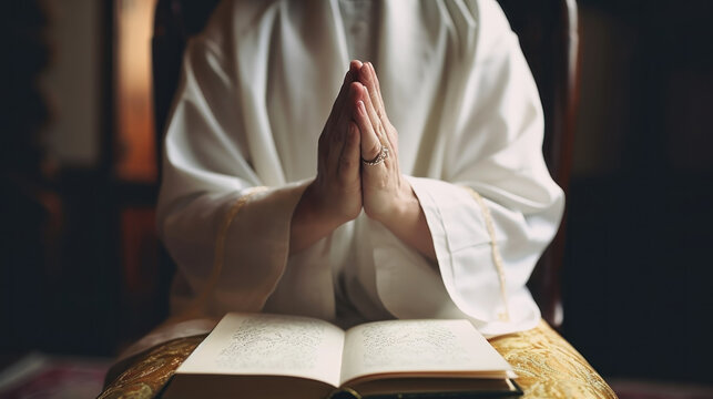 The hands of a church monk, a priest in a white cassock are folded in prayer to God, close-up. Faceless man praying and worshiping the god of his faith. AI Generative Content.