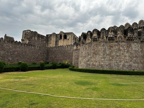Majestic front Walls of Golconda Fort from Hyderabad, India