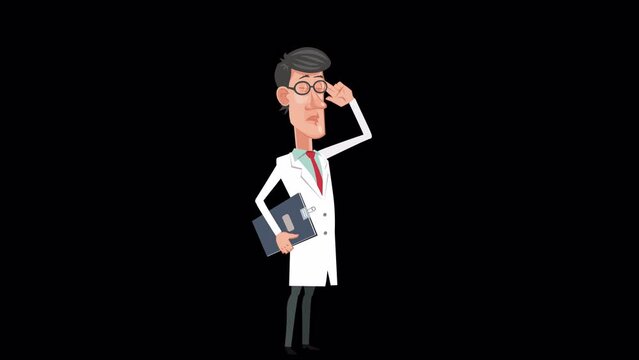 Cartoon young doctor character  shoots finger gun at head gesture animation with alpha channel