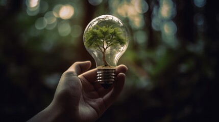 A small tree planted in an energy-saving light bulb, holding by a hand, green energy. Generative AI