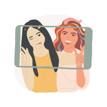 Taking fun pictures isolated cartoon vector illustration. Friends taking fun self portrait photos on smartphone, digital lifestyle, social media communication, content creation vector cartoon.