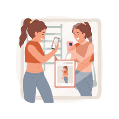 Fototapeta premium Fitness selfie isolated cartoon vector illustration. Sporty girl taking selfie in gym, digital lifestyle, social media posting, content creation, sport look, likes and comments vector cartoon.