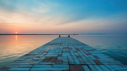 an empty pier into the blue sea with a sunset on a calm day. Generative AI