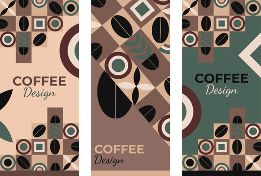 Coffee design poster set. Template for poster, banner, flyer, card, geometric pattern in coffee tones. Design elements.