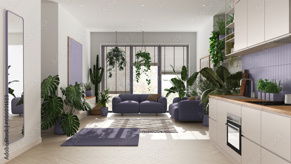 Wall mural love for plants concept. kitchen and living room interior design in white and purple tones. parquet,