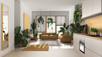 Love for plants concept. Kitchen and living room interior design in white and yellow tones. Parquet, sofa and many house plants. Urban jungle idea