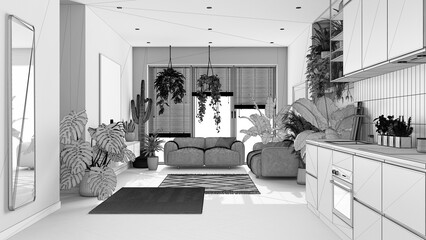 Blueprint unfinished project draft, love for plants concept. Kitchen and living room interior design. Parquet, sofa and many house plants. Urban jungle idea