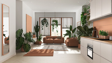 Love for plants concept. Kitchen and living room interior design in white and orange tones. Parquet, sofa and many house plants. Urban jungle idea