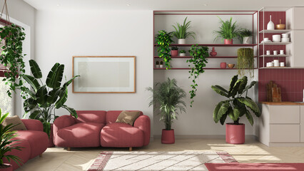 Indoor home garden concept. Kitchen and living room interior design in white and red tones. Parquet, sofa and many house plants. Urban jungle idea