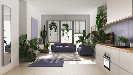 Fototapeta na wymiar Love for plants concept. Kitchen and living room interior design in white and purple tones. Parquet, sofa and many house plants. Urban jungle idea
