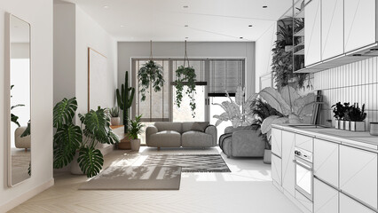 Architect interior designer concept: hand-drawn draft unfinished project that becomes real, love for plants concept. Kitchen and living room interior design. Urban jungle idea