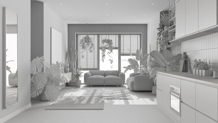 Total white project draft, love for plants concept. Kitchen and living room interior design. Parquet, sofa and many house plants. Urban jungle idea