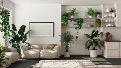 Indoor home garden concept. Kitchen and living room interior design in white and dark tones. Parquet, sofa and many house plants. Urban jungle idea