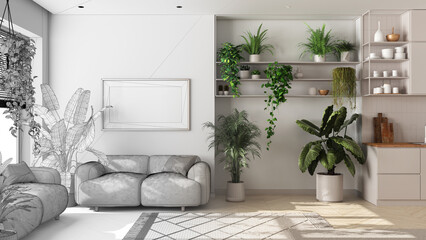 Architect interior designer concept: hand-drawn draft unfinished project that becomes real, indoor home garden concept. Kitchen and living room interior design. Urban jungle idea