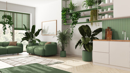 Home garden love. Kitchen and living room interior design in white and green tones. Parquet, sofa and many house plants. Urban jungle, indoor biophilia idea