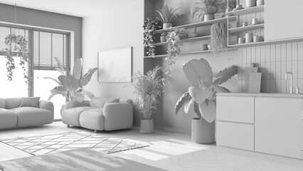 Total white project draft, home garden love. Kitchen and living room interior design. Parquet, sofa and many house plants. Urban jungle, indoor biophilia idea