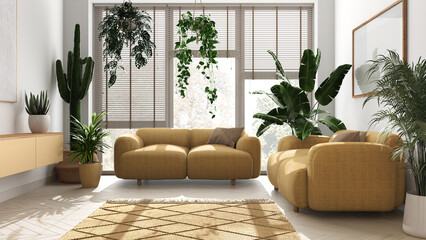 Home garden love. Minimalist contemporary living room interior design in white and yellow tones. Parquet, sofa and many house plants. Urban jungle, indoor biophilia idea