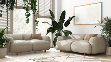 Plants lovers concept. Modern minimal living room in white tones. Parquet, sofa and many house plants. Urban jungle interior design idea