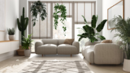 Blurred background, minimalist contemporary living room interior design. Parquet, sofa and many house plants. Urban jungle, indoor biophilia idea