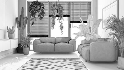 Blueprint unfinished project draft, minimalist contemporary living room interior design. Parquet, sofa and many house plants. Urban jungle, indoor biophilia idea