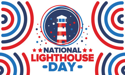 Obraz premium National Lighthouse Day. Holiday, celebrated annual in August 7. Navigational aid for maritime pilots at sea. Design with lighthouse. Poster, greeting card, banner and background. Vector illustration