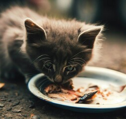Cat on the street eats fish from a bowl