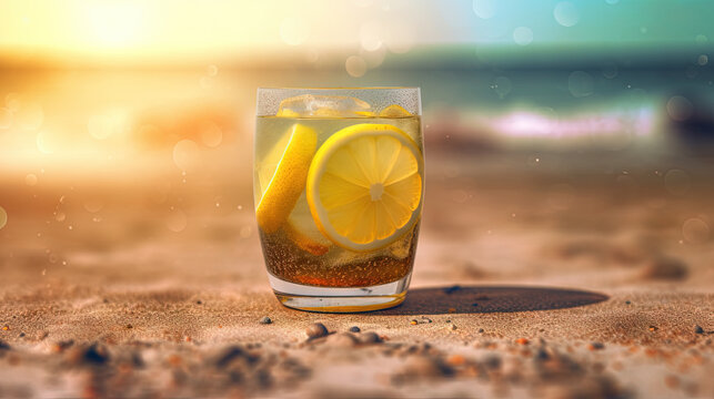 Glass with lemon water in the sand of the beach. Vacation scene with lemonade glass on the shore line. Generative AI