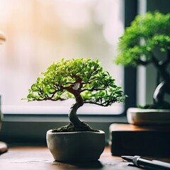 A bonsai tree is on the desktop, you can see a laptop and notebooks with notes