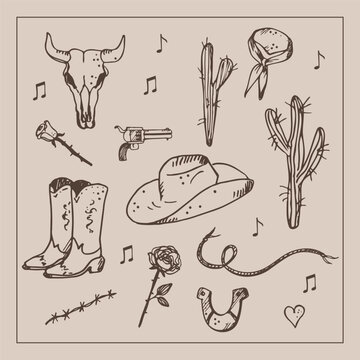 Wild West concept. Various objects. Cowboy theme, western. Boots, pistol, cactus, snake, horseshoe, bandana, skull, rose. Hand drawn. Design element. art illustration. 