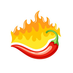 Red chili pepper with fire in cartoon style isolated on white background. Hot chili pepper cooking food. Vector illustration