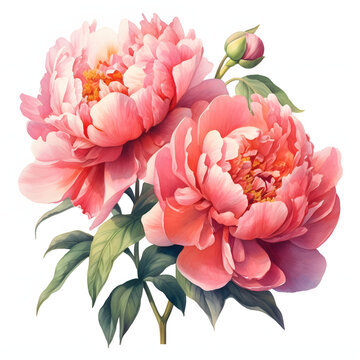 Digital Watercolor Painting of Peony Flowers. Generative AI