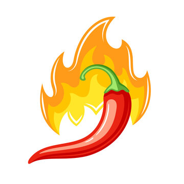 Red chili pepper with fire in cartoon style isolated on white background. Hot chili pepper cooking food. Vector illustration