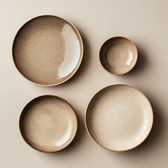 Top view of Four different-size plates on beige background. natural color plates. Created with generative AI technology.