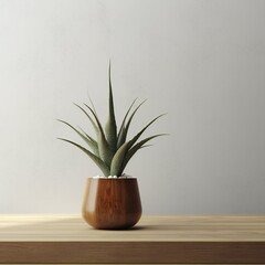 Modern minimalistic aloe vera plant in a wooden flowerpot. Empty space for text. Created with generative AI technology.