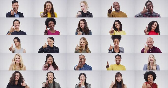 Thumbs up, collage and face of people in a studio with a goal, achievement or success together. Diversity, confidence and composite portrait of employees with approval hand gesture by gray background
