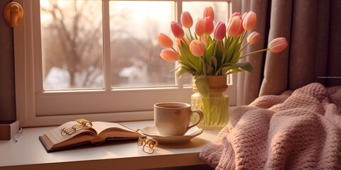 Beautiful fresh pink tulips bouquet in green glass vase on table in warm sunset sun lights against balcony window in cozy home interior.by generative ai