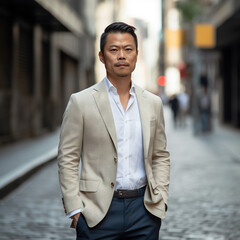 Asian man wearing a light grey blazer is photographed in an urban setting, generative AI, AI generated